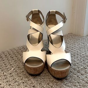 JIMMY CHOO 5” Platform White Leather Wedge Cork Bottom  Accent SandalsSize: 38.5